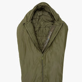 Challenger 400 Mummy Sleeping Bag in olive green, featuring a hood, zipper, and synthetic insulation for winter camping.